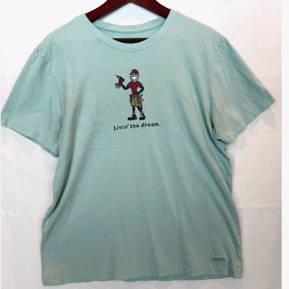 Life Is Good Vintage Mens M Light Aqua Blue Drill Handyman Graphic Tee Shirt